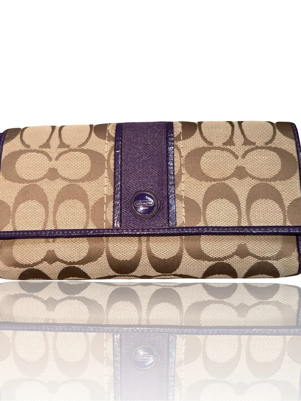 Coach Khaki Signature Wallet with Purple Leather Trim